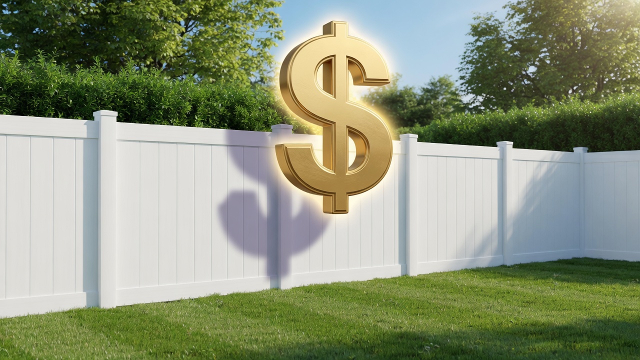 Gold dollar sign floating above a white vinyl privacy fence