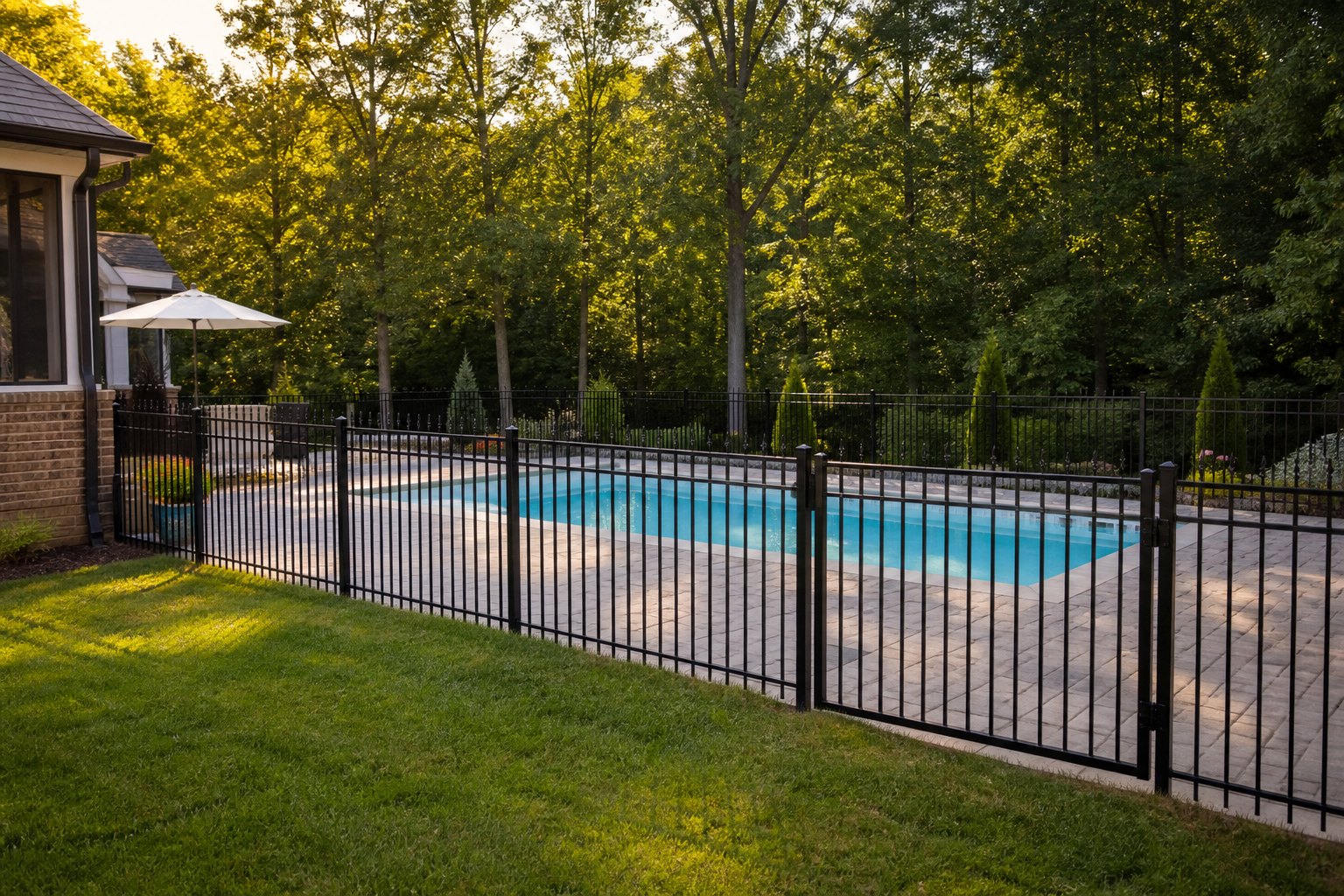 Black aluminum pool fence around a backyard swimming pool