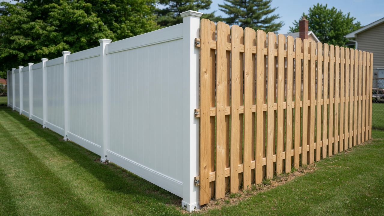 Side-by-side white vinyl privacy fence and wood privacy fence