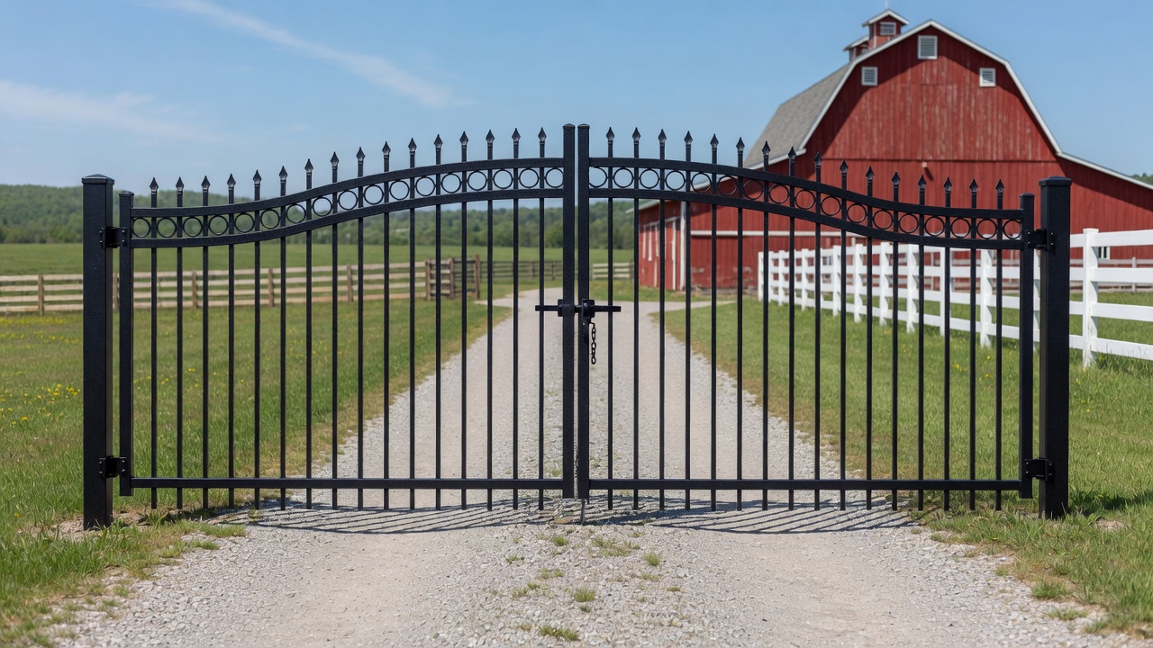Custom aluminum gate at a farm entrance