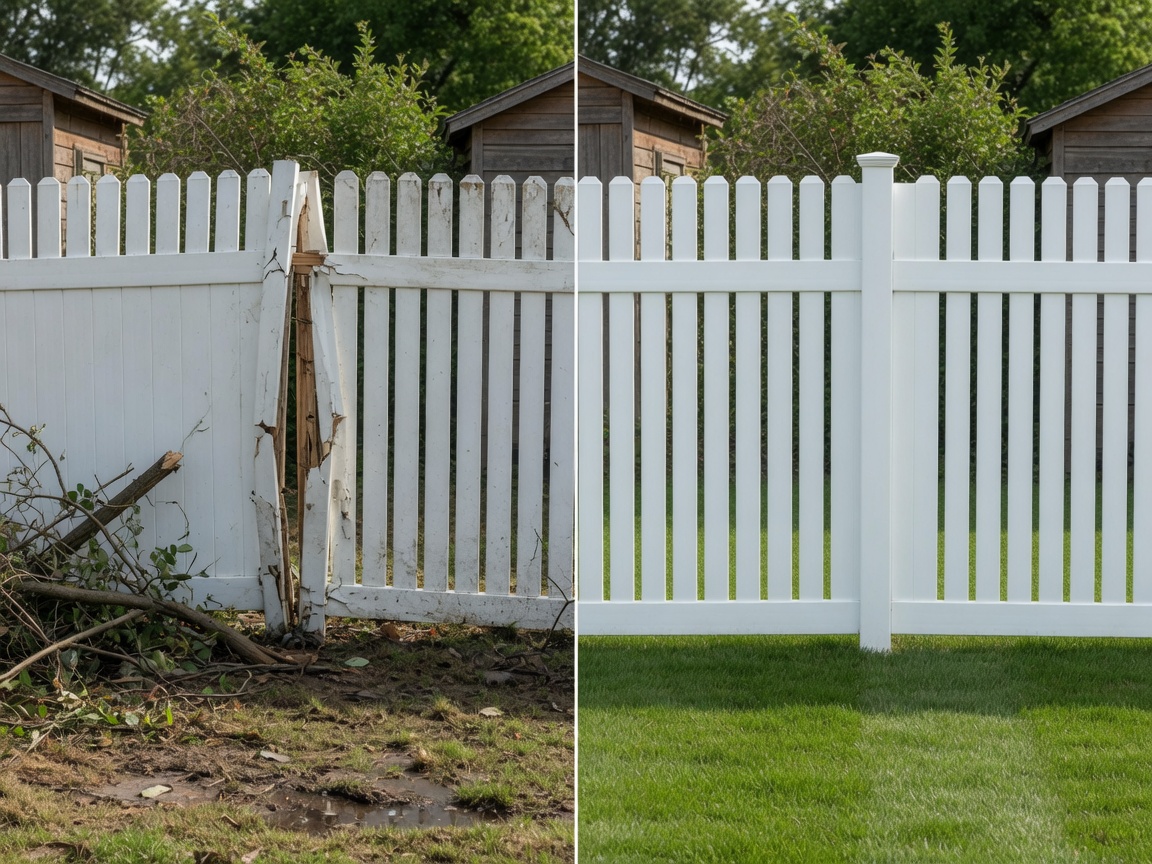 Fence repair before and after example for a residential privacy fence