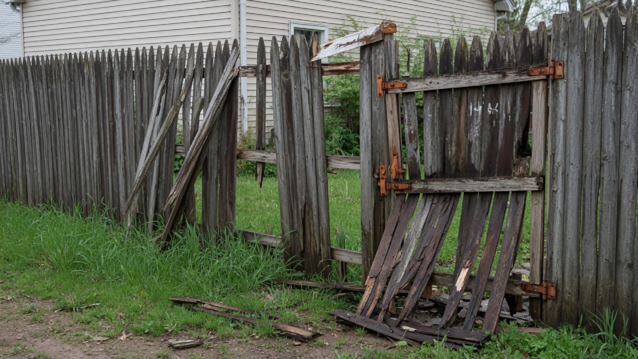 Old decaying wood privacy fence needing repair