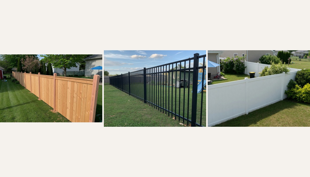 Wood privacy, aluminum, and white vinyl fence styles