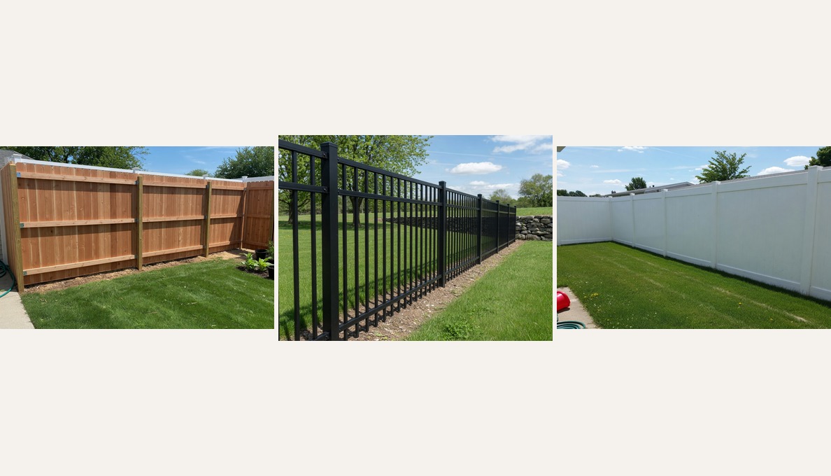 New wood privacy, aluminum, and white vinyl fence styles