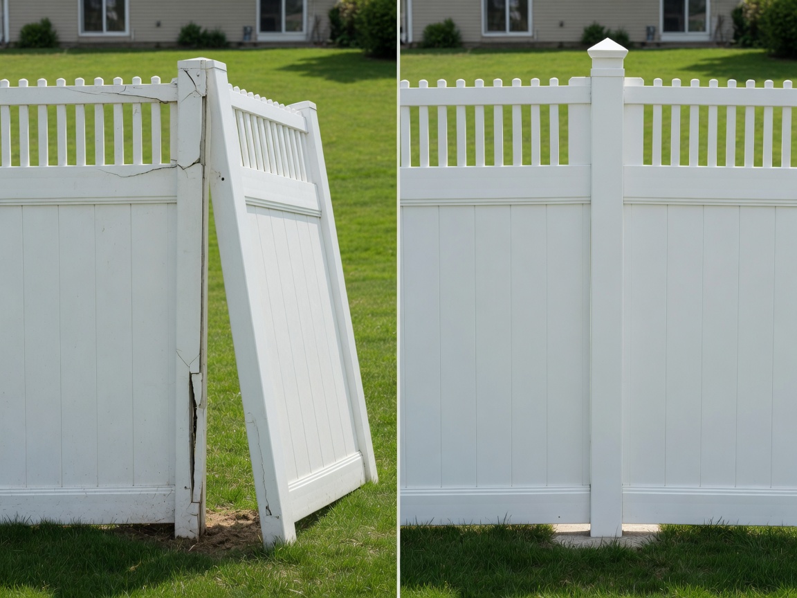 Before and after fence repair — damaged panel restored to like-new condition