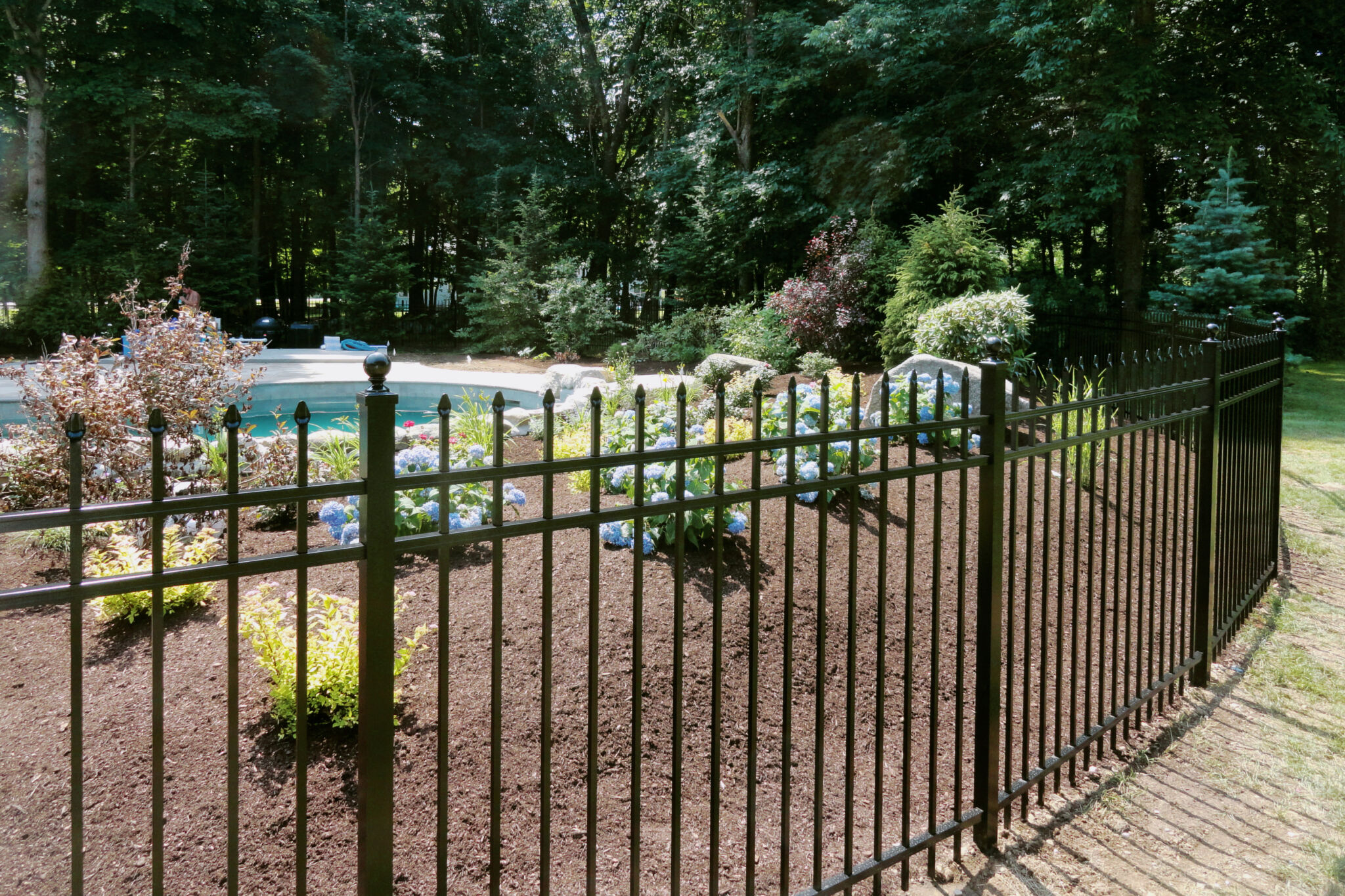 Black aluminum spear top fence around a pool garden