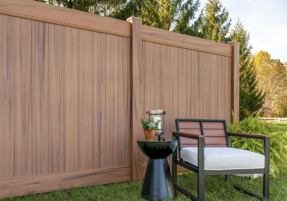 Wood grain vinyl privacy fence