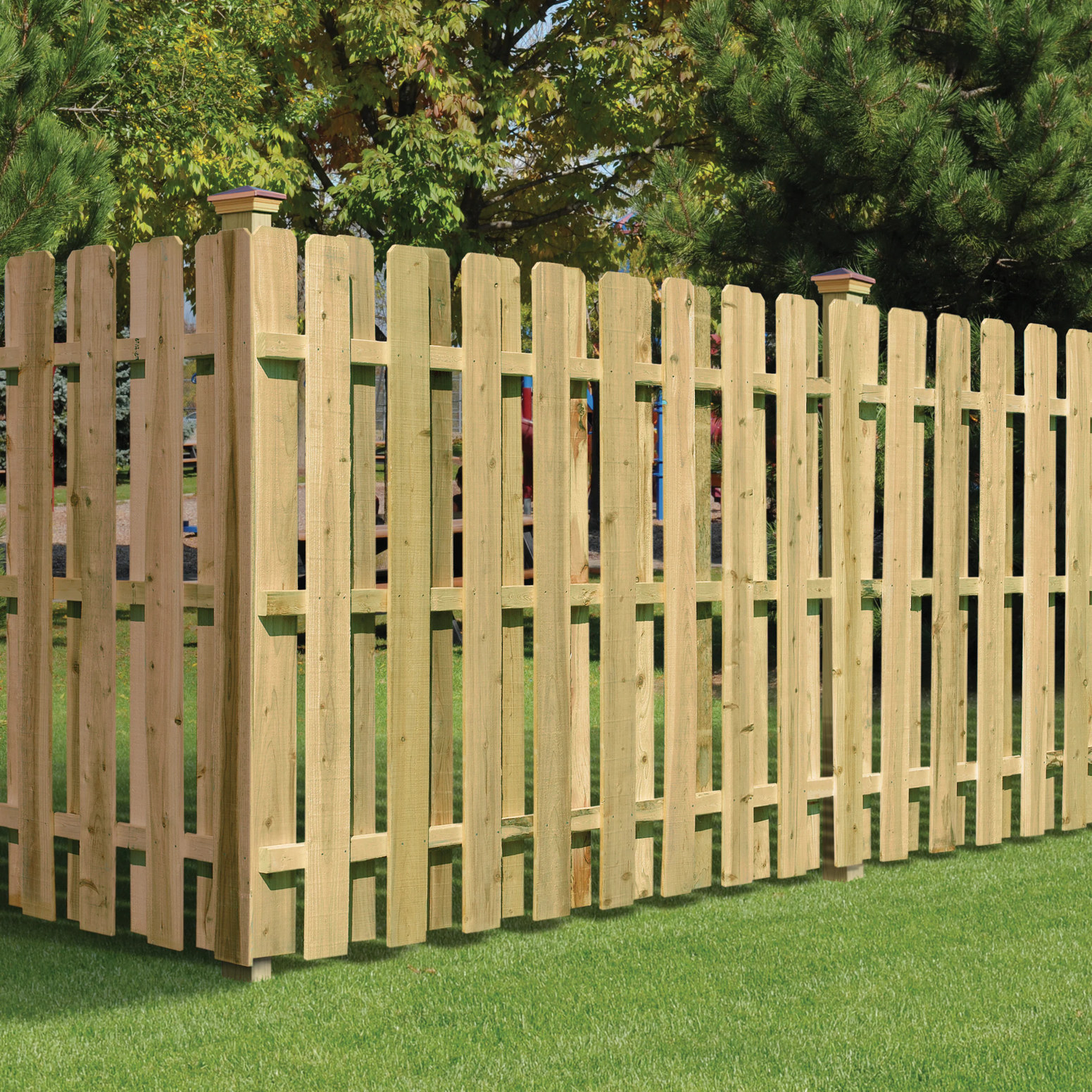 Shadowbox wood fence with alternating boards